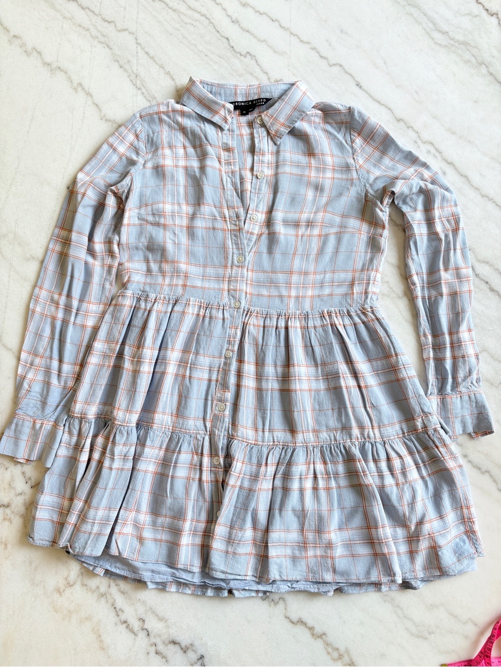 Veronica Beard Women’s Light Blue and Peach Plaid Tiered Button-Front Dress